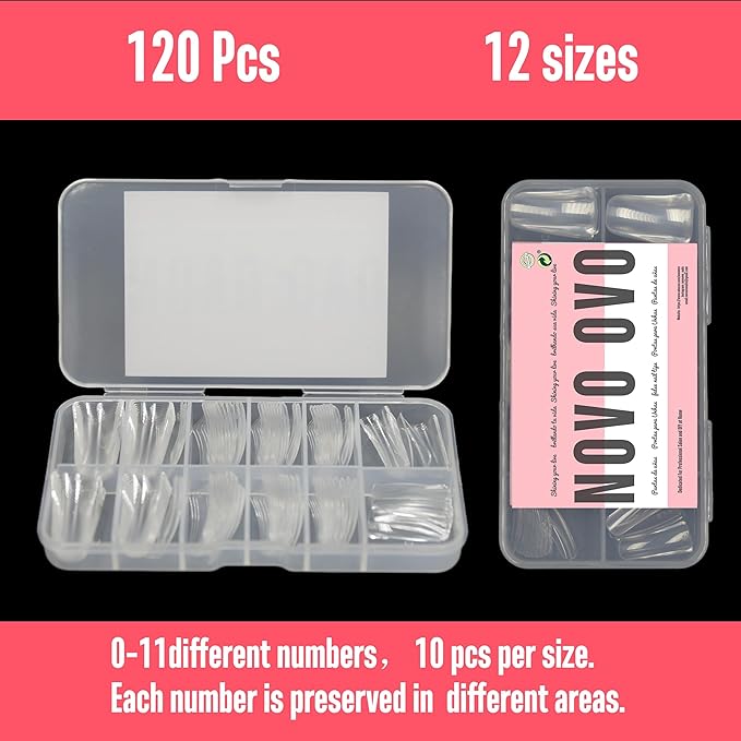 NOVO OVO 120 pcs Full Cover Duck Feet Nail Tips Press On for Acrylic, Clear Medium/Long Coverage Flare Y2K Vibe Wide French Soft Gel False Nail Extension for Art Salon x 12 Sizes in Box