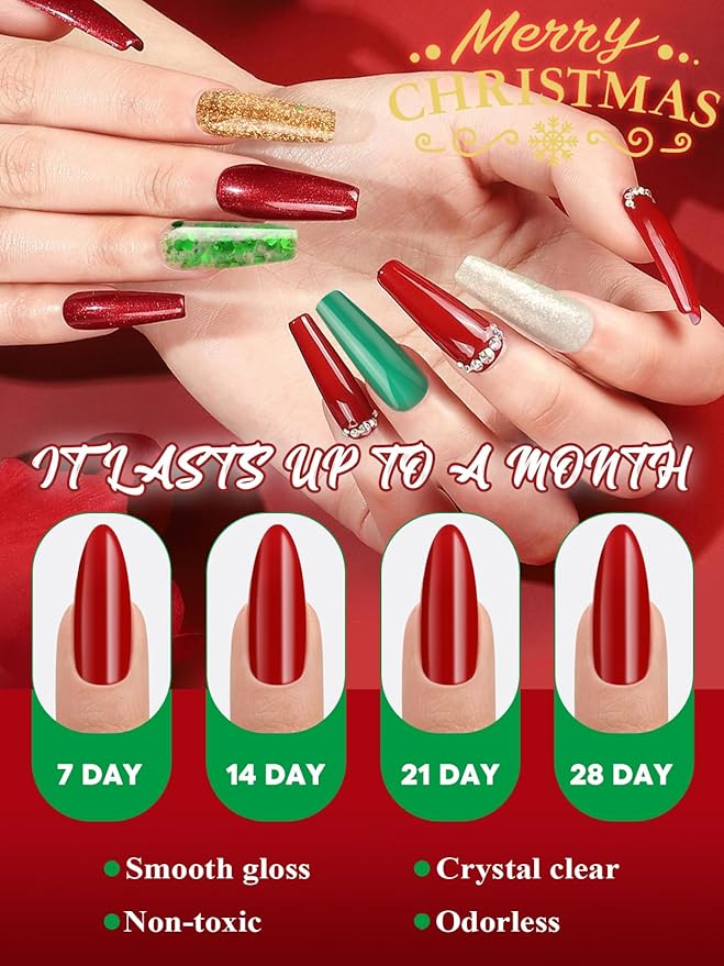 EBANKU Acrylic Powder, 6 Colors Acrylic Nail Powder Red Green White Gold Glitter Acrylic Powder for Nail Extension French Nail, Long-Lasting, No Nail Lamp Needed, 0.35 oz
