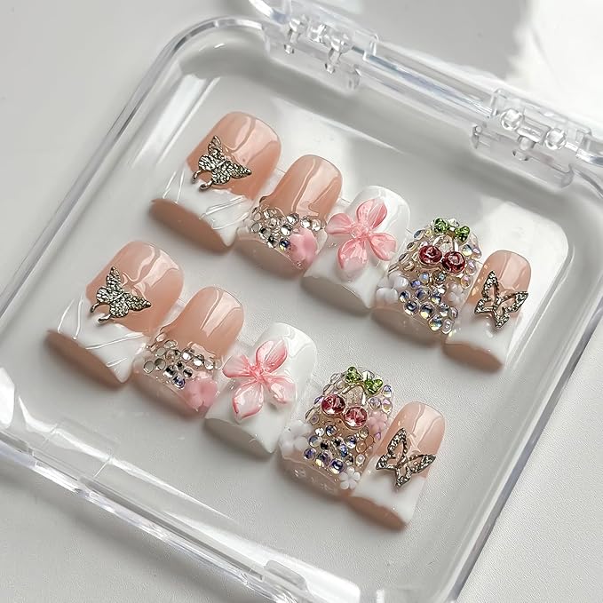 Luxury Press on Nails Short Duck Handmade 3D Unique Reusable ABS Material Fake Nails White French Tip False Nails with Designs Pink Flower Butterfly Glossy Glue on Nail Thick Acrylic Nail(M)