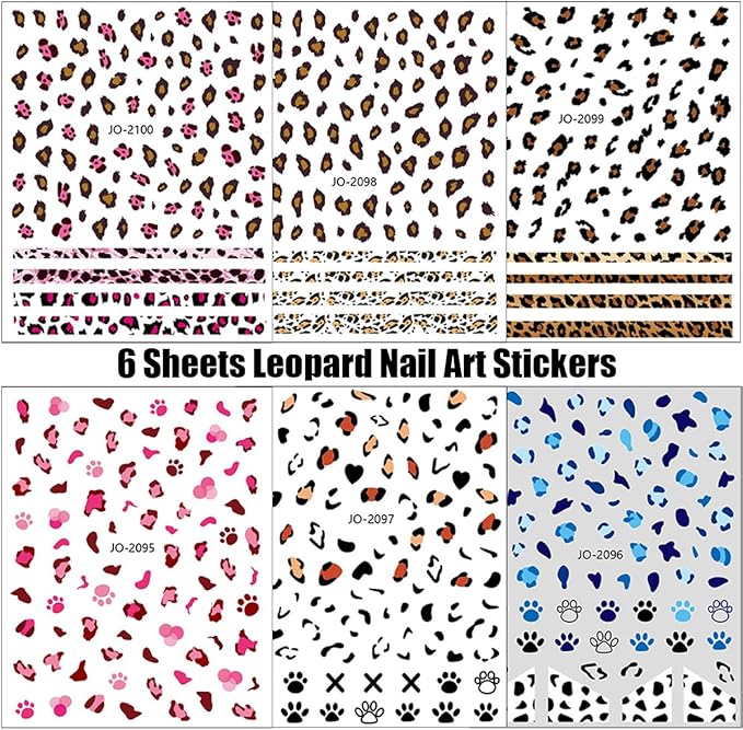 Leopard Nail Stickers for Nail Art,6Sheets Self-Adhesive Leopard French Nail Decals for Designer DIY Nail Art Supplies Pink Blue Brown Leopard Design 3D Nail Art Stickers for Women Girls Manicure Tips