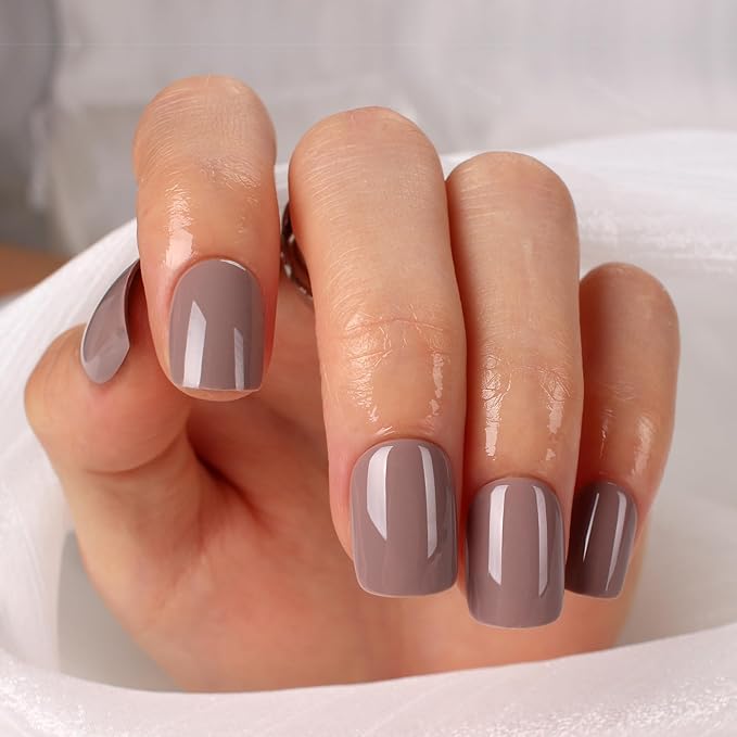 Brown Press On Nails Short, Glossy Soft Gel Press On Nails Square, 15 Sizes - 30 Fake Nails Kit, Thick Natural Reusable Stick On Nails for Women