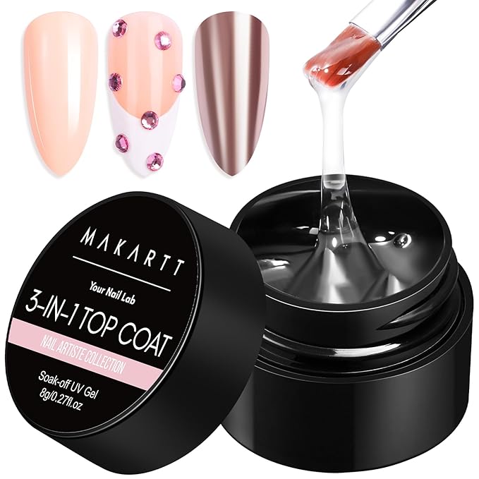 Makartt Hard Gel Top Coat: 3-in-1 Nail Polish Soak-off UV Gel Glossy Finish Long Lasting for Nail Strengthen Nail Charms Rhinestone for Home Salon Manicure Use
