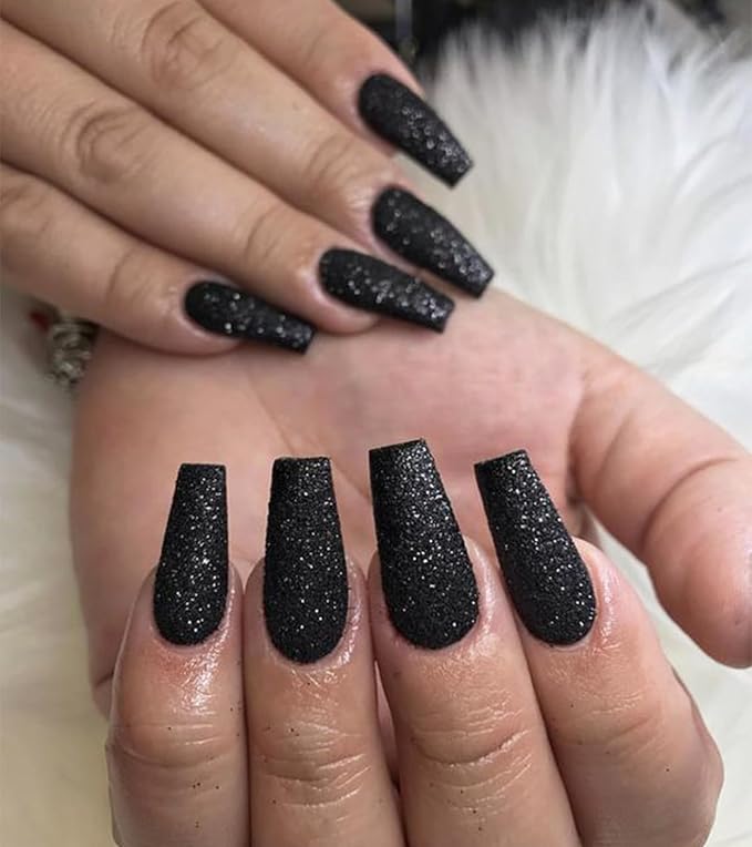 Black Press On Nails Coffin - Long With Glue Stickers, Glitter Stick On for Women, Light Weight in 12 Sizes, 24pcs Fake Nail Kit