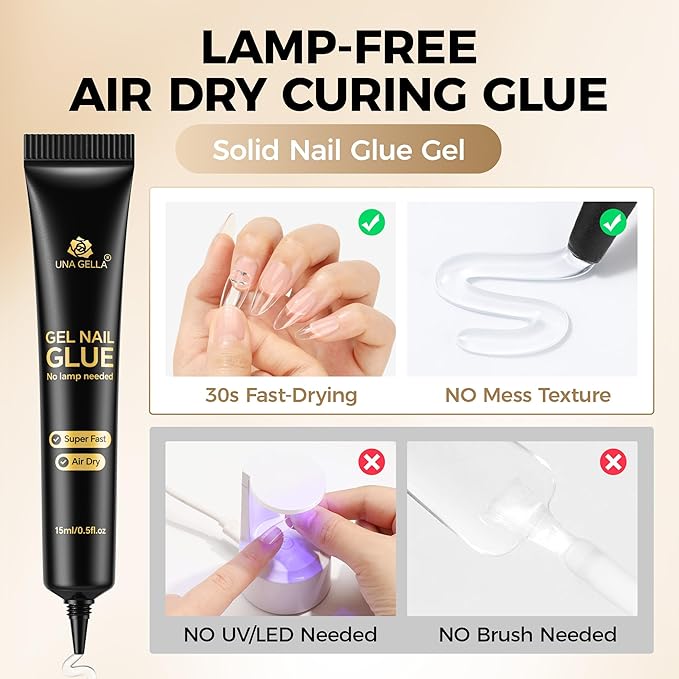 UNA GELLA Strong Nail Glue Gel, 15ml*2pcs No U V/Lamp Needed Nail Gel Glue, Quick Air Drying Semi Solid Nail Glue GEL, Super Strong NAIL G LUE For Press Ons Acrylic False Nails Tips Extension DIY Kit