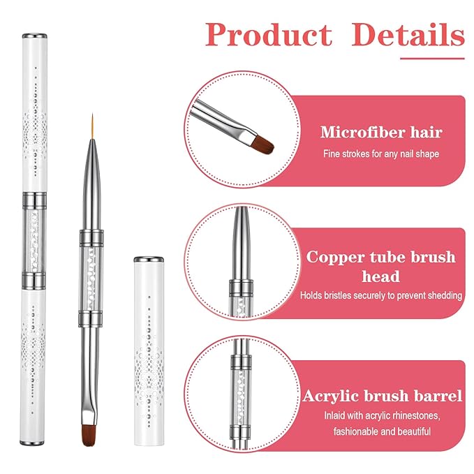2PCS Double Ended Nail Builder Gel Brush French Tip Brush Hard Gel Brushes Nail Liner Brush Rhinestone Handle Nails Art Brushes for Nails Design Professional NailArt
