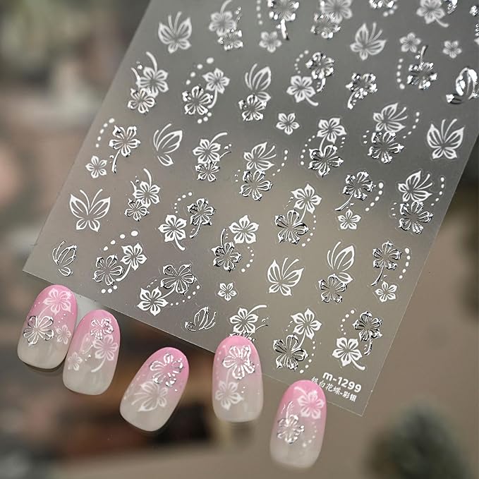 Spring Nail Stickers Silvery Flower Nail Art Stickers 5D Embossed Nail Decals White Butterfly Self-Adhesive Nail Art for Women Floral Nail Manicure Decoration