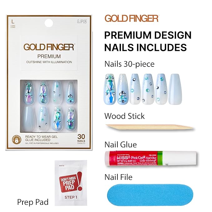 GoldFinger Premium Luxury False Nails Kit, Ready to Wear Fake Nails, Manicure Stick and Glue Included, Long Coffin Shape with 3D Rhinestones, Long-Lasting Hottest Trend Glue on Nails