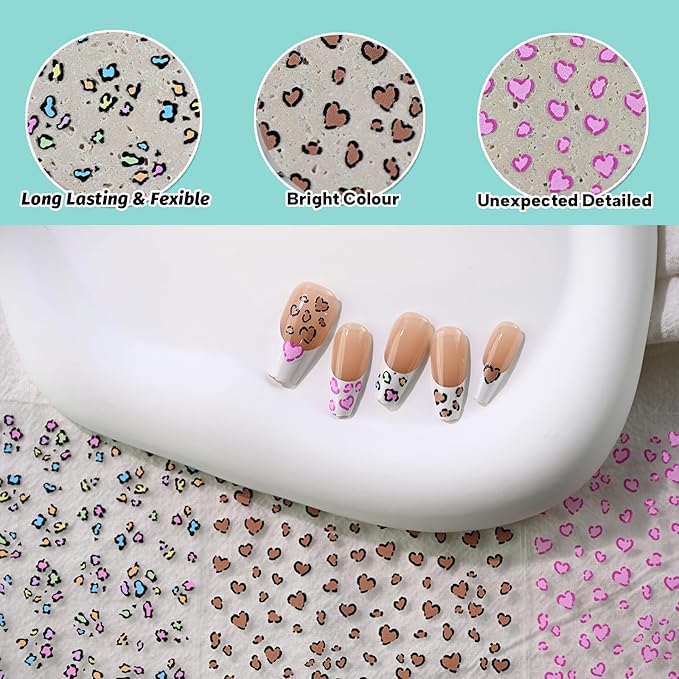 Leopard Print Nail Art Stickers, Colorful Heart Thin Nail Decals, Self-Adhesive, Nail Accessories for Women, Nail Decorations 3 Sheets