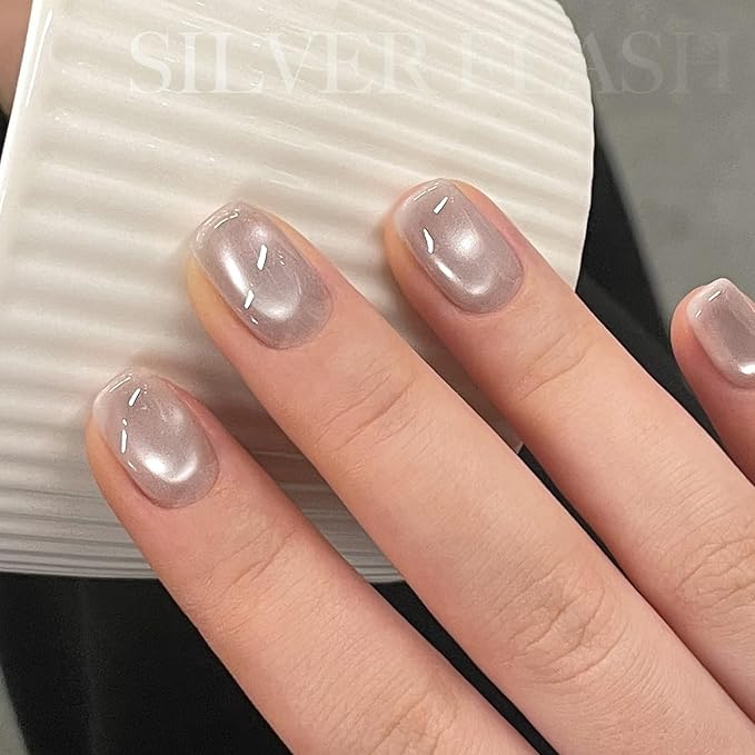 GAOY Jelly Silver Cat Eye Gel Nail Polish, 16ml Glitter Holographic Nail Polish with Magnet, Reflective Translucent UV Gel, 3087 Silver Flash