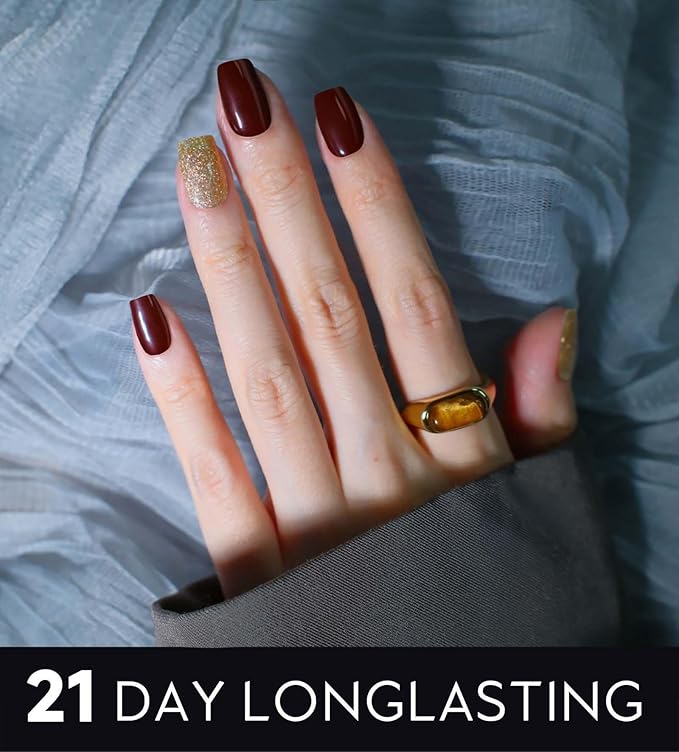Semi Cured Gel Nail Strips - UV Light Gel Nail Stickers - 20 Long Lasting Salon Quality Wraps (Crimson Aristocrat Red&Gold)