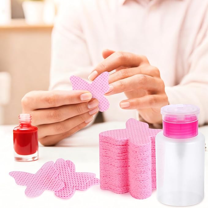 400PCS Lint Free Nail Wipes, Pink Lash Extensions Glue Cleaning Wipes, Nails Cleaning Pads Supplies,accompanied by 1 Empty Pump-Style Bottle Dispenser (Pink and White)