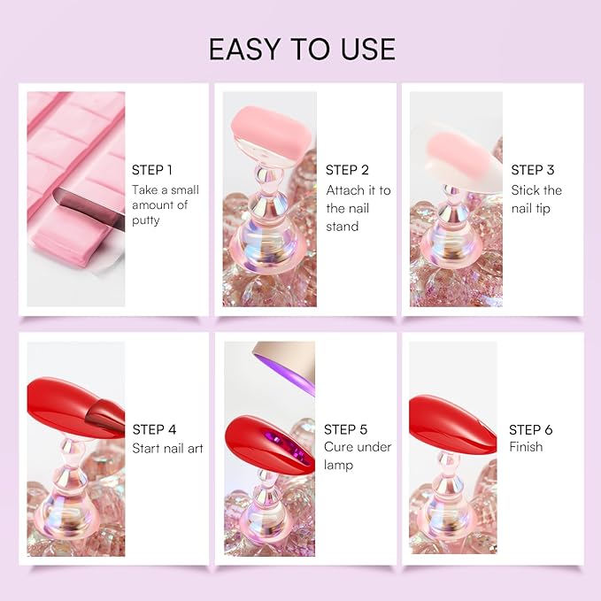 Makartt Press on Nail Stand: Magnetic Nail Holder for Painting Nails DIY Pink and Clear for Art Display Practice, Pink & Clear Glitter Flower Fake Holder for Home Salon with Reusable Adhesive Putty