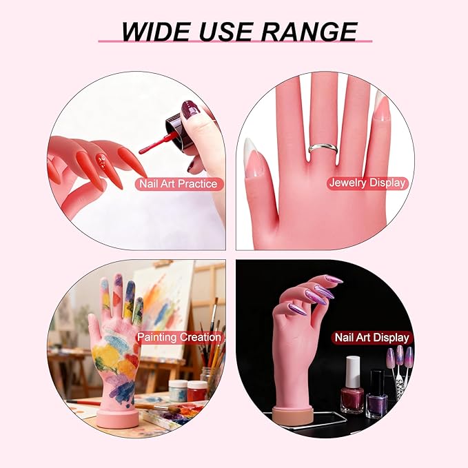 1Pcs Silicone Practice Hand for Nail Training with 48 Adhesive Tabs, Fake Hand for Acrylic Nails, Flexible Reusable Mannequin Hand Model for Gel Polish, Manicure and Nail Art Practice