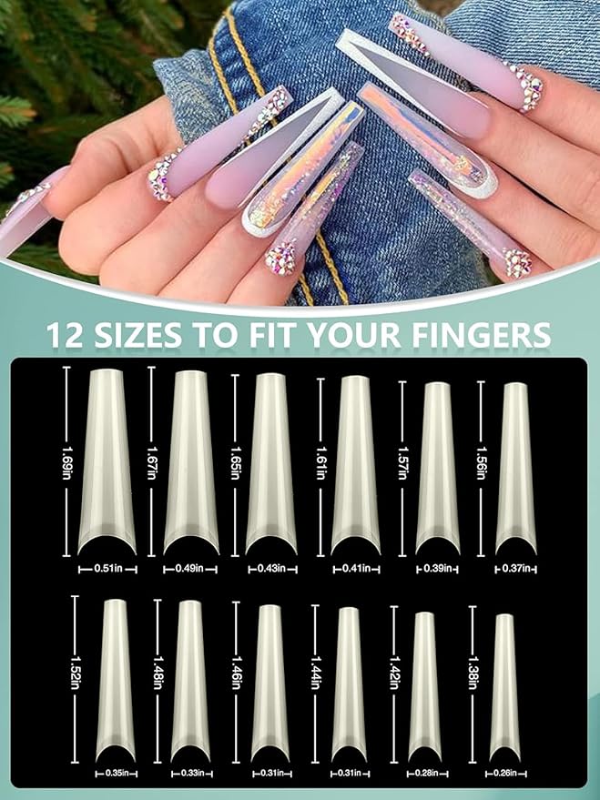 480PCS Extra Long Coffin Nail Tips, 2 Packs Half Cover Natural and Clear Nail Tips for Acrylic Nails Professional, 12 Sizes Artificial XXL Long False Ballerina Nail Tips for Nail Art Salons Home DIY