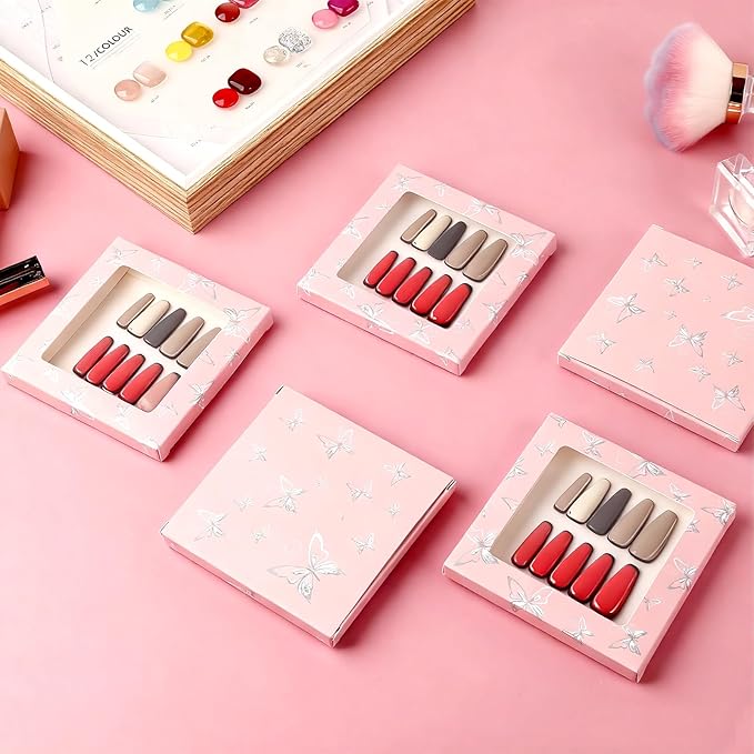 ANGNYA 72PCS Empty Press On Nail Packaging Box Contains 35PCS Butterfly Press On Nail Boxes, 35PCS White Display Cards, 2PCS Double Sided Tapes, Nail Tip Storage Case for Press-on Nail Business