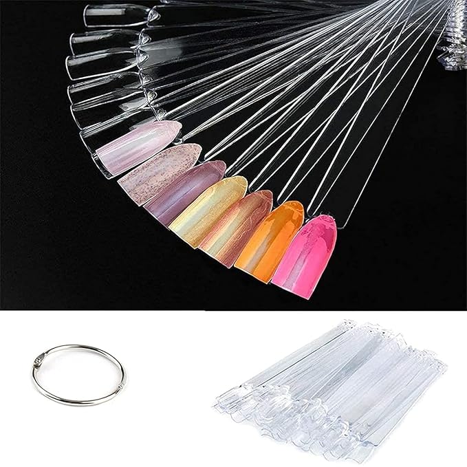 200 Pcs Nail Art Sticks with Ring, Fan-shaped Nail Art Polish Practice Display Tips Nail Sample Sticks, Nail Practice Color Display Polish Board, Transparent