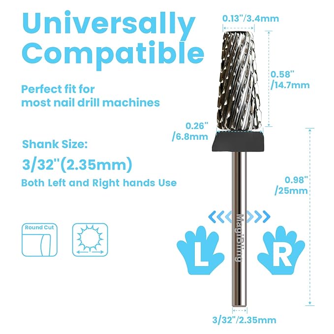 6.6mm Large Tapered Barrel 5-in-1 Nail Drill Bit, 3/32" Cross-Cut Tungsten Carbide Efile Bit for Fast Gel & Acrylic Removal, Two-Way Rotation, Professional Nail Tech & Beginner Bit, Extra Coarse.