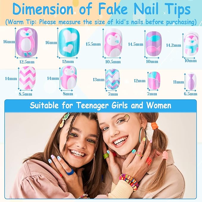 144 Pieces Press on Nails Grils, Thrilez Children Fake Artificial False Nail Tips Pre Glue Full Cover Short Acrylic Nails for Girls Kids Nail Art Decoration (Rainbow Sky)