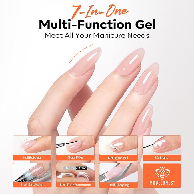 modelones Builder Nail Gel, 7-in-One Clear Builder Nail Polish with Detachable Liner Brush, 15ml LED Lamp Cured Rubber Base Gel Polish Strengthener Color Base Coat Thickening Solution
