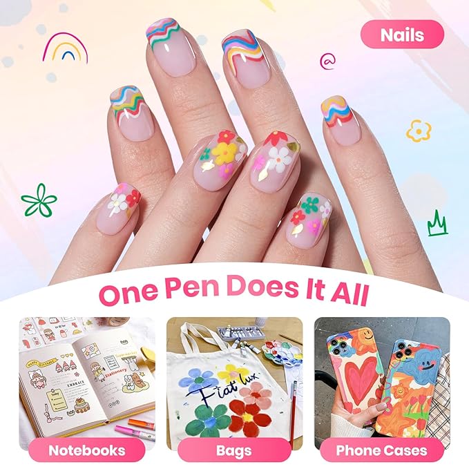 Beetles 12 Colors Nail Art Pens, 0.5mm Fine Line Nail Polish Pens Quick Air Drying Acrylic Paint Markers for Nails Art Design Painting Dotting Liner Brush, DIY Home & Salon Manicure Tools