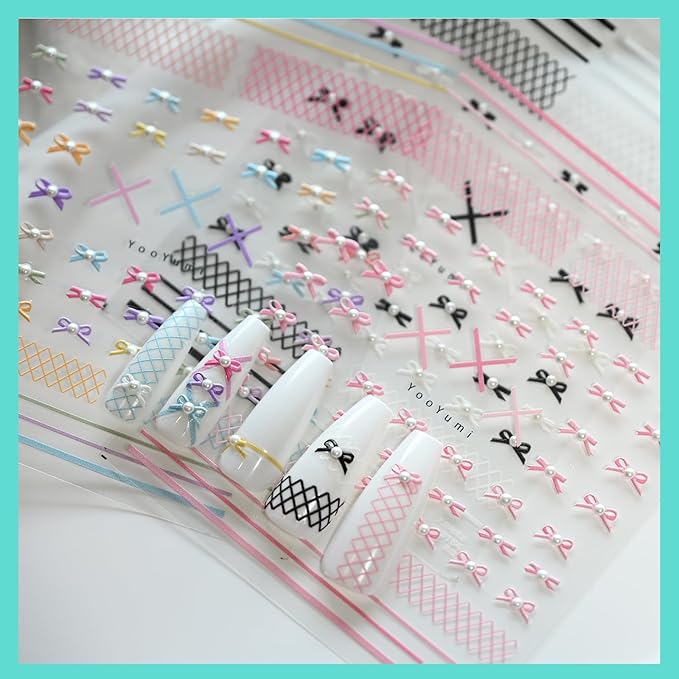 Bow Black White Colorful Nail Art Stickers Pearl Rhinestones Embossed Nail Decals for Nail Art Design Self-Adhesive Nail Accessories for Women Nail Art Supplies 3 Sheets