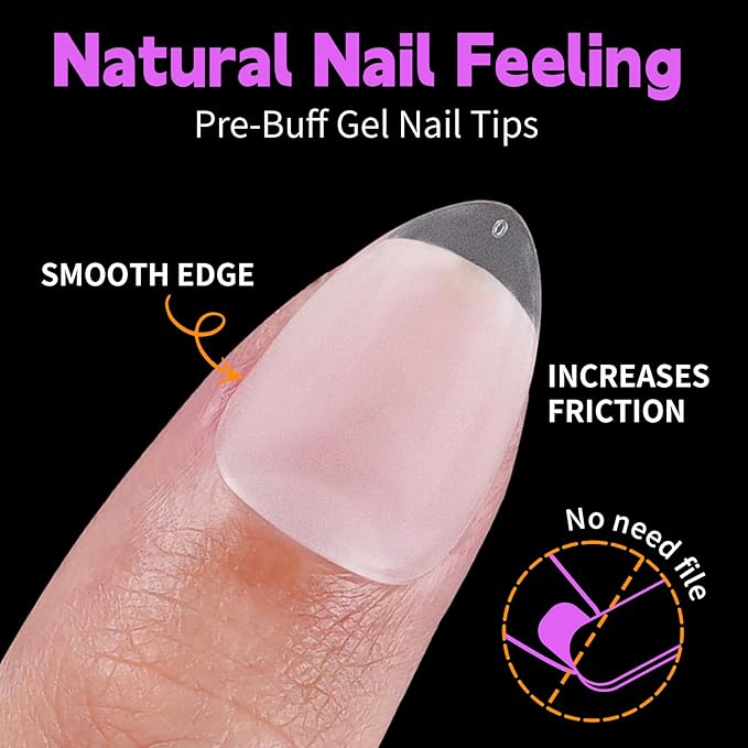 Canvalite 450Pcs Almond Press on Nails Kit with Nail Glue & Remover - Acrylic Gel Double-sided Matte Clear Pre-Buff Gel Nail Tips, 15 Sizes Full Cover False Nails, DIY at Home & Salon Use