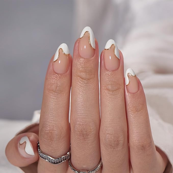 BTArtbox Press On Nails Almond - Designed White French Tip Press On Nails Short with Gold Foil, Glue On Nails for Winter Day Gifts, Stick On Nails in 16 Sizes - 30 Nail Kit, Tiny Gloden