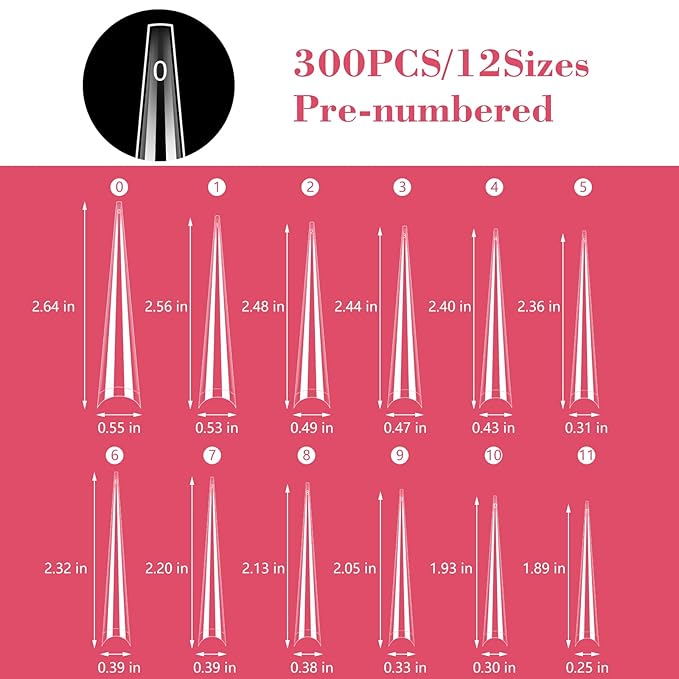 Lionvison 4XL Stiletto Nail Tips for Acrylic Nails Professional, 300Pcs Clear Nail Tips Half Cover Extra Long False Nails for Home Salon DIY, 12 Sizes