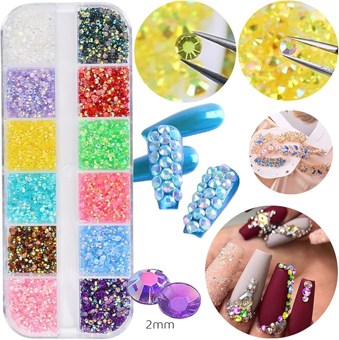 5 Boxes 13200pcs Sparkling Crystal Nail Rhinestones Pearls Kit, Flatback Multicolor Transparent Jelly AB Mermaid Gems with Pick Up Pen and Curved Tweezers for Manicure Salon & Craft DIY Designs (2mm)