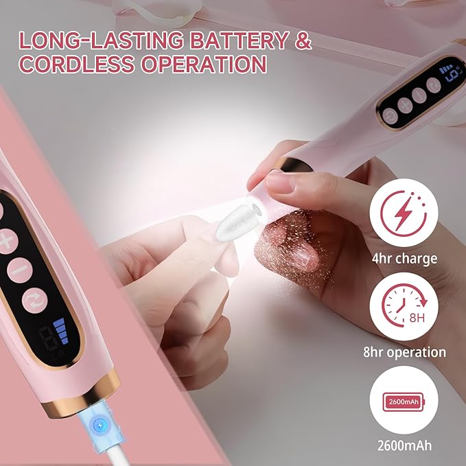 Cordless Nail Drill, Electric Nail File with 360° LED Light & LCD Display, Low Noise Electric Pedicure Tools for feet, Hand Foot Care Nail Drills for Thick Nail Toenail Cuticle Women Baby Pet