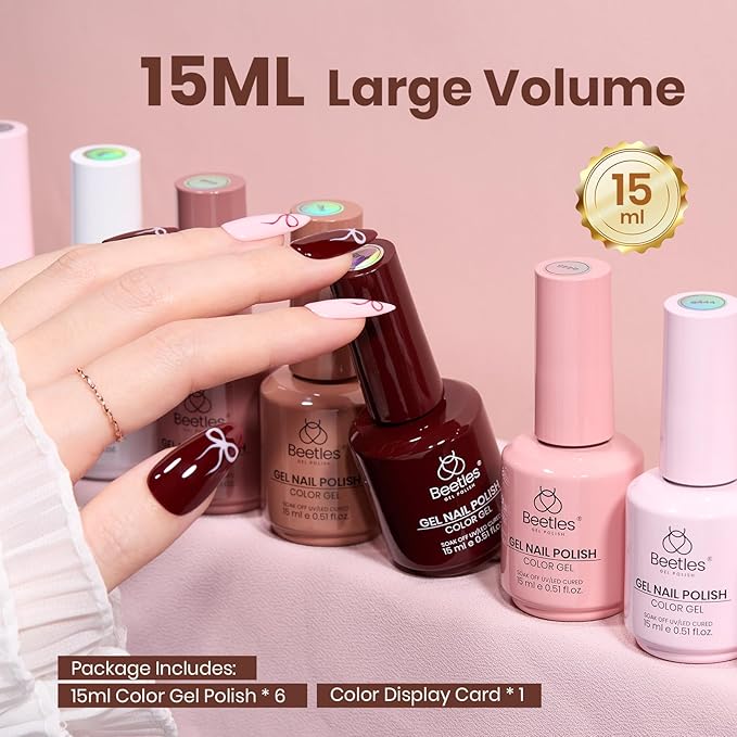 Beetles Gel Nail Polish Set – Coffee Time 6 Colors Neutral White Pink Nude Brown Gel Polish Collection, Soak Off UV LED Gel Long Lasting Glossy Finish 15ml Each Gift for Women