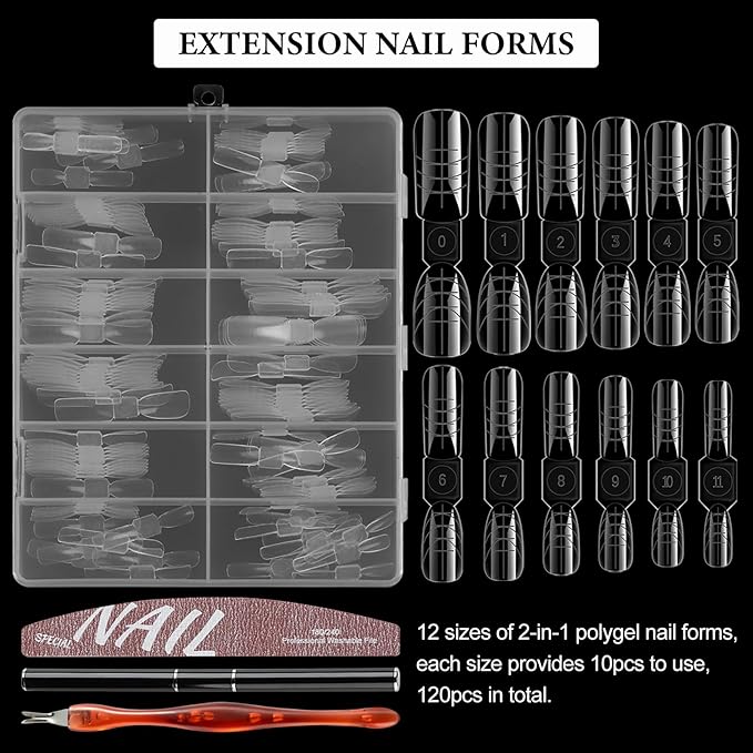 120Pcs 2-in-1 Polygel Nail Forms Kit 12 Sizes Poly Gel Extension Nail Molds Reusable Builder Gel Dual Forms with Manicure Tools for DIY Home Salon