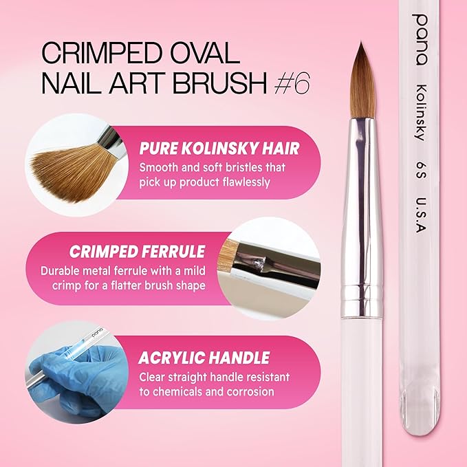 PANA Pure Kolinsky Hair Acrylic Nail Brush - Oval Crimped Shape Silver Ferrule with Clear Acrylic Handle (Size 6)