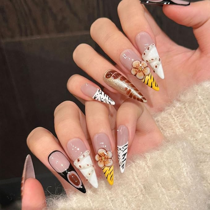 Luxury French Press on Nails Long Almond Nails with Glue,Brown Handmade False Nails with 5D Flower Art Design Autumn Winter Nail Press ons Muti-Layer Gel Handmade False Nails for Women (Size S)
