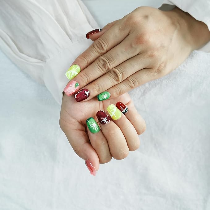 Glitter Press on Nails Short Coffin Summer Fruit Nails Cateyes with 3D Water Drop, Hand-painted Watermelon & Lemon Art, Reusable Acrylic Full Cover Fake Nails, 10pcs (Fruit Party,M)