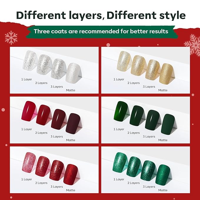modelones Christmas Nail Polish Set 6 Colors Red Green Glitter Gold Silver Mini Nail Polish Kit Quick Dry Manicure Nail Art Manicure DIY Home Salon Gift for Women Mom