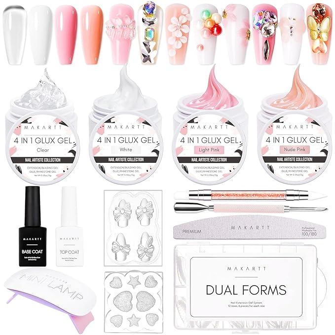 Makartt 3d Gel Nail Art Kit: All in One 3D Sculpting Builder DIY Kit Non-Stick-Hand Solid Gels UV LED Soak Off Gel Polish Painted Carving Molding Hard Gels Rhinestones Chrome Nail Art Salon Home