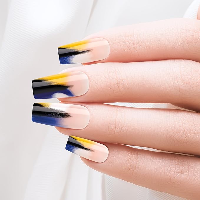 Goldfinger Trendy False Nails Kit, Long Square Design Nail, Bold Neutral Blue Overlay Effect Print, Ready to Wear Gel & Manicure Stick Included, Long-Lasting Convenient & Easy to Apply