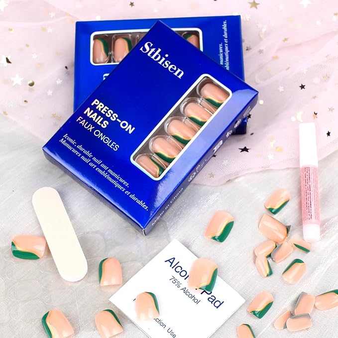 Fall Press On Nails Short Square Nude Fake Nails Green with Gold Stripes Fake Nails Fashion Glossy Acrylic Press ons Nail Gel Stick On Nails Set Glue on Nails for Women & Girls 30Pcs