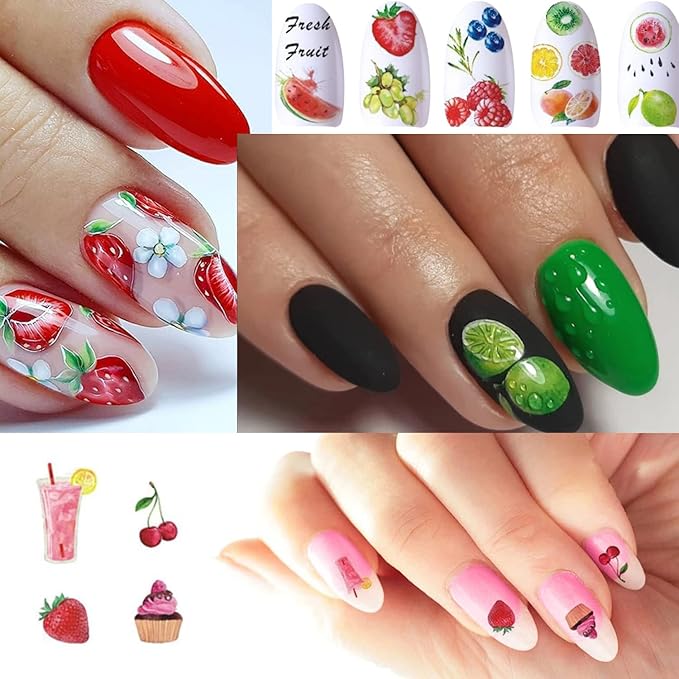 40 Sheets Fruits Nail Art Stickers, Holographic Water Transfer Nail Decals Design, Cake Fruit Ice Cream Nail Sticker Supplies for Women Girls Manicure Tips Charms Decoration Cute Acrylic Nails Decal