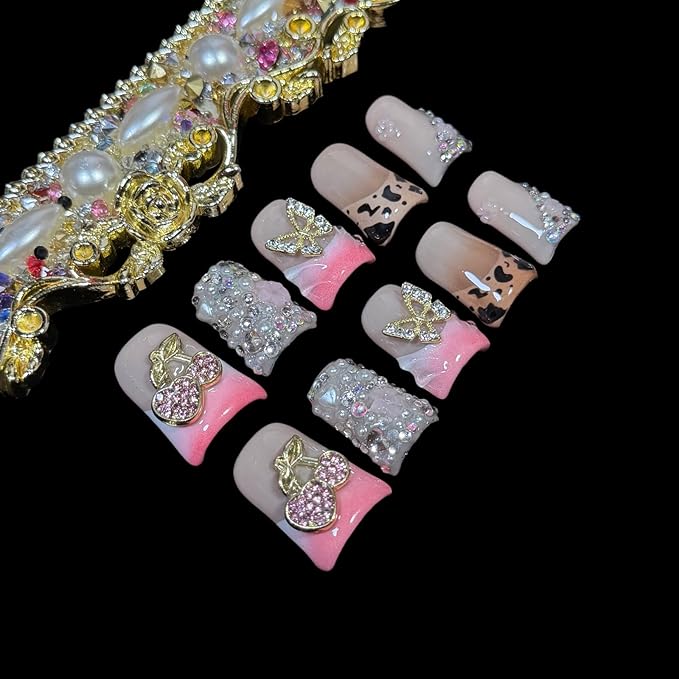 Handmade Press on Nails Short Duck Shape - Leopard Print & Full Diamond Cherry Design, Pink Acrylic Reusable False Nails with Gold Leaves & Butterfly, Unique 3D Nail Art Set (Jewel Orchard, S)