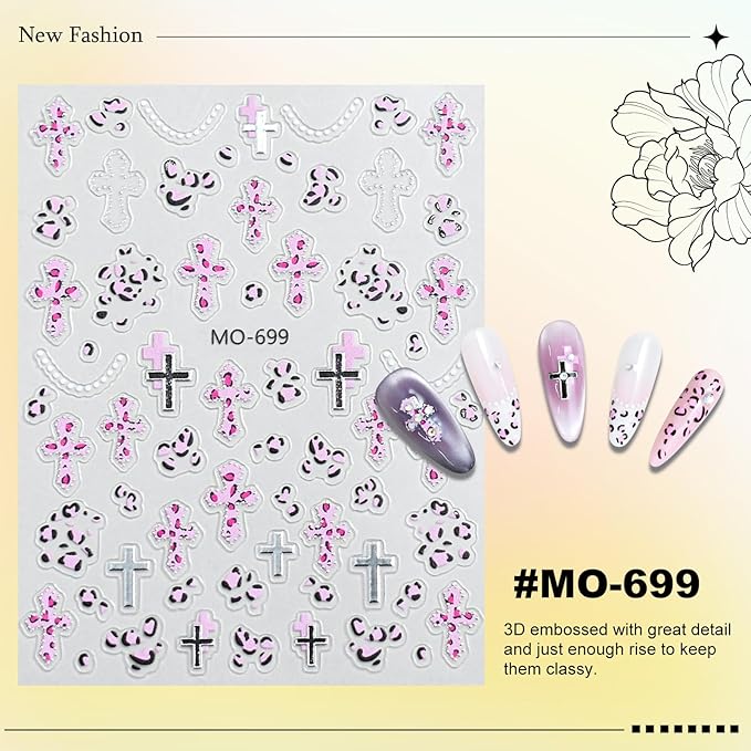 6 Sheets Leopard Print Cross Nail Stickers for Nail Art, Coquette Nail Decals,Leopard Flower Star Heart Butterfly 3D Self-Adhesive Nail Art Stickers Design for Women DIY Manicure Decoration YX1228