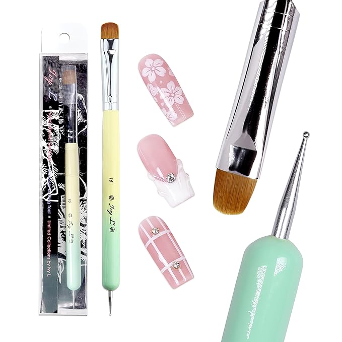 Ivy-L Premium 2 Ways French Gel Acrylic Nail Art Kolinsky Brush with Dotting Tool for Professional Manicure Nail Art Design Cuticle Clean-up + Lime Green Wood Handle (Size 16)