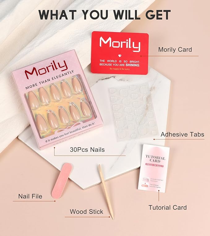 Morily Press on Nails Medium - Nude Almond Fake Nails Solid Color Pink Glossy False Fingernails in 15 Sizes, Long Stick on Nails for Women - 30Pcs