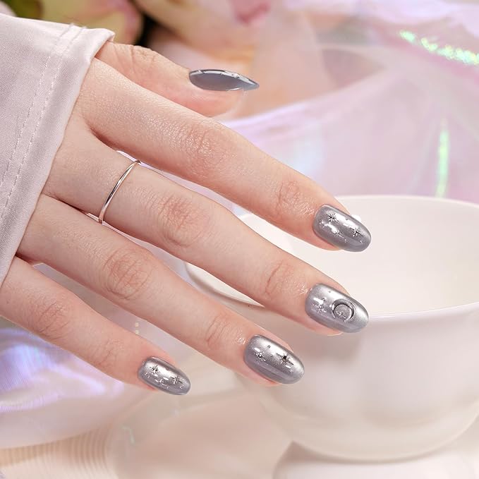VSALON Press on Nails Short Oval, Silver Gray Cat Eye Star & Moon Chrome Glossy 3D Art Glue On Nails, Opaque Salon Quality Valentine Fake Nails Kit - 32 PCS Nails in 16 Sizes with Glue & Cuticle Oil