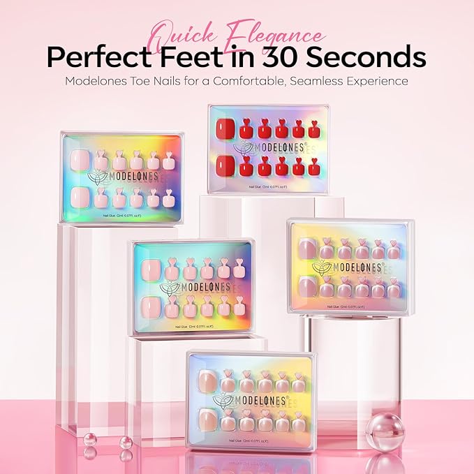 Modelones Press on Toenails Short, Pink French Tip Toe Nails Square, Reusable Nail Kit with Nail Glue Adhesive Tabs Mini Nail File, Toe Nails 36Pcs 18Sizes, Spring Women Girl Gift