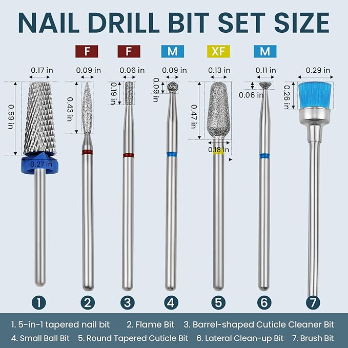 7PCS nail drill bits nail tech Sets Tungsten steel carbide Diamond for Acrylic Nails Poly Gel Cuticle Remove, 3/32'' Professional Nail Bits Set for E-Files for Manicure Pedicure, Home Salon