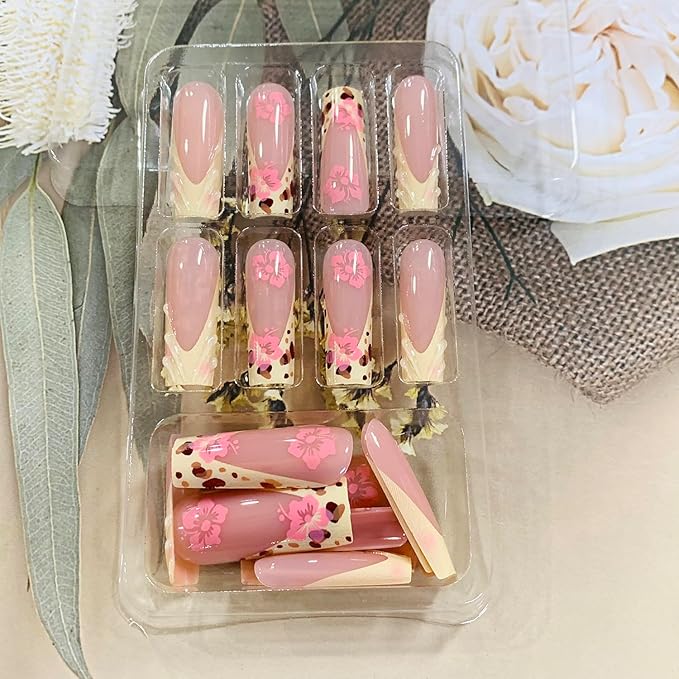 Press on Nails Coffin Long Length Acrylic Glossy Full Cover Square Shaped French False Nails with Designs Artificial Extra Long Fake Nails with Charms Glue ons Fingernails for Women(C140)