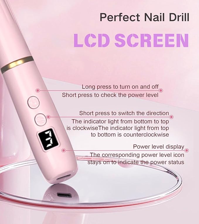 Electric Nail Drill Machine File Efile Set for Acrylic Gel Nails Portable Nail Drill Machine Kit Rechargeable Pedicure Tools for Hand Feet Manicure Pedicure Tools Polishing Set (Pink)