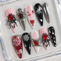 Halloween Handmade Press on Nails Long Almond 3D Nails Thick Acrylic Fake Nails Gothic False Nails with Spider Charms Rhinestones Designs Black&White Sturdy Nail Art Press on Nails 10Pcs(M)
